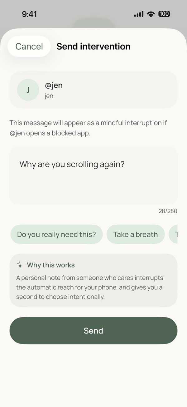Writing a nudge to a friend — the message they will see when they open an app they have limited.