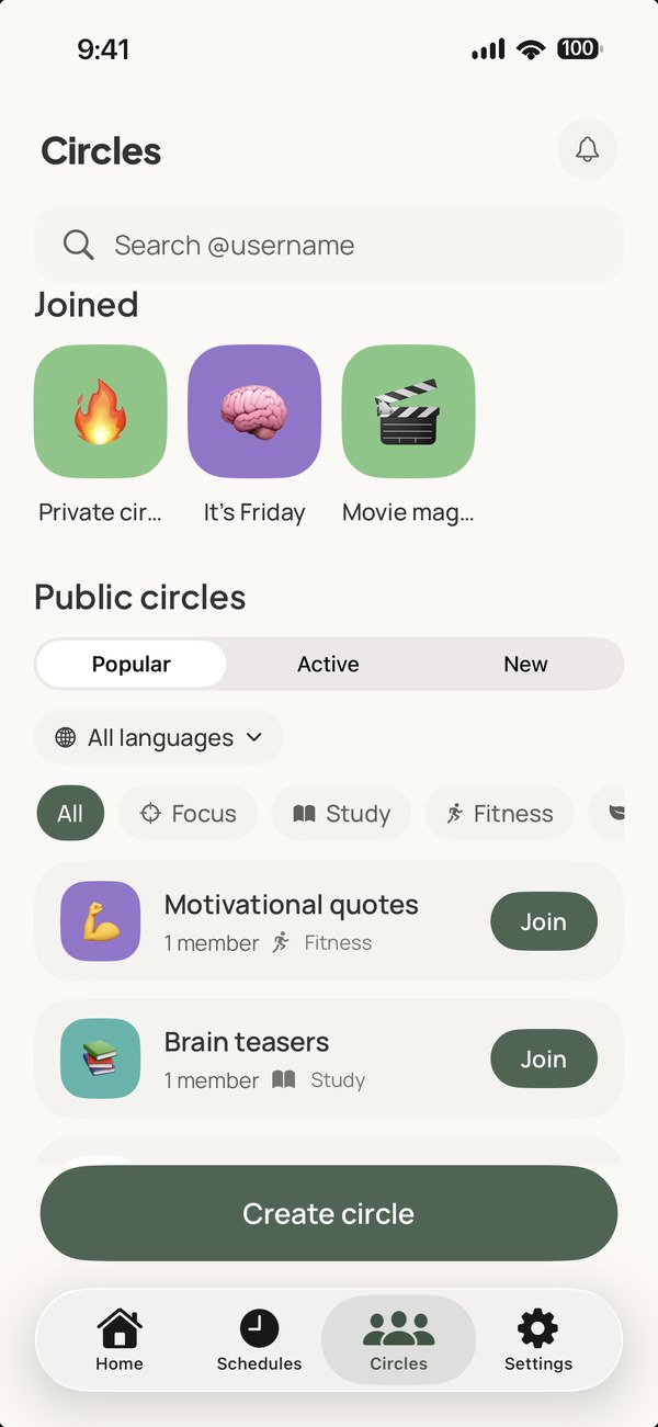 The Circles tab: the circles you have joined, and public circles you can browse and join.